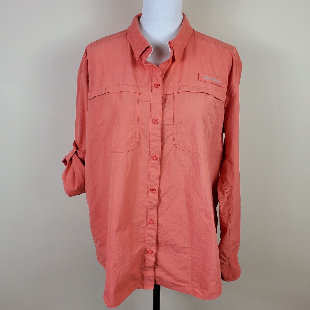 Eddie Bauer Womens Shirt XL Orange Long Roll A Tab Sleeve Button Up Outdoor Top